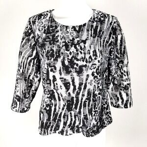 Laura Ashley Women's Top Size L Petite Black and‎ White Ribbed Semi Sheer Blouse